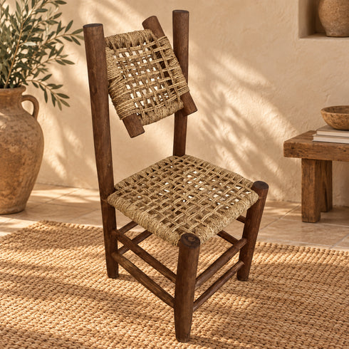 Handcrafted Moroccan Woven Rope Dining Chair with Rustic Wooden Frame