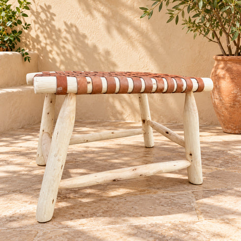Handcrafted Natural Wood Bench with Woven Cognac Leather Seat – Rustic Moroccan Boho Accent Bench