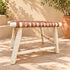 Handcrafted Natural Wood Bench with Woven Cognac Leather Seat – Rustic Moroccan Boho Accent Bench