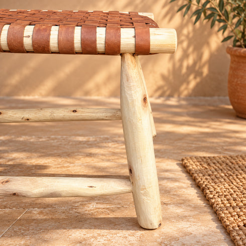 Handcrafted Natural Wood Bench with Woven Cognac Leather Seat – Rustic Moroccan Boho Accent Bench