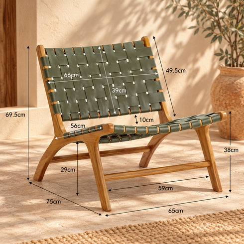 Handcrafted Olive Green Leather Woven Teak Wood Lounge Chair – Mid-Century Boho Accent Seating