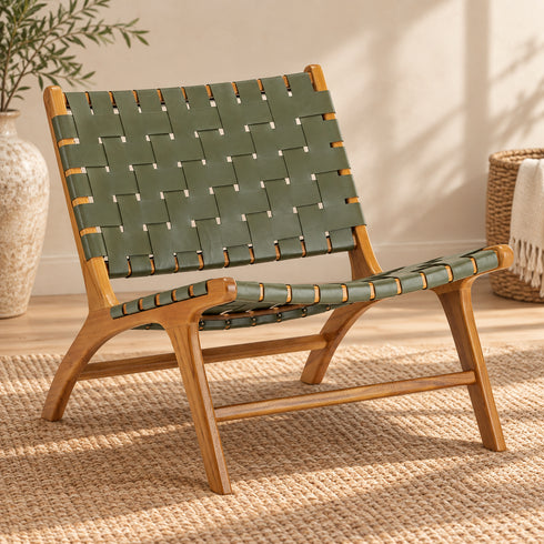 Handcrafted Olive Green Leather Woven Teak Wood Lounge Chair – Mid-Century Boho Accent Seating