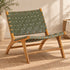 Handcrafted Olive Green Leather Woven Teak Wood Lounge Chair – Mid-Century Boho Accent Seating