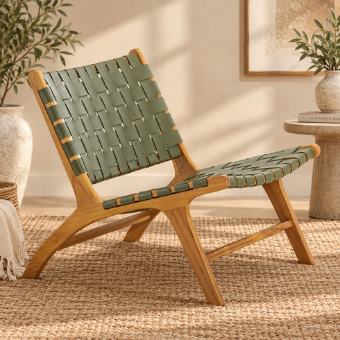 Handcrafted Olive Green Leather Woven Teak Wood Lounge Chair – Mid-Century Boho Accent Seating