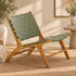 Handcrafted Olive Green Leather Woven Teak Wood Lounge Chair – Mid-Century Boho Accent Seating