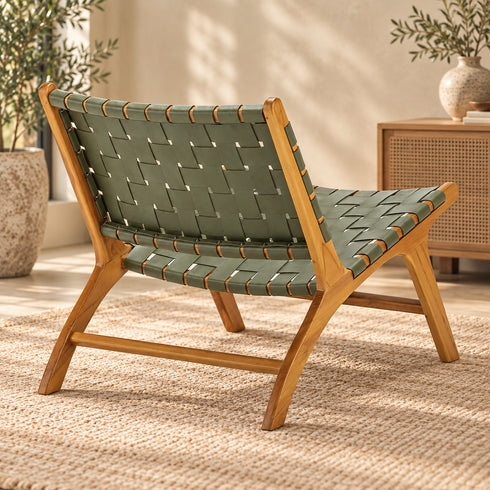 Handcrafted Olive Green Leather Woven Teak Wood Lounge Chair – Mid-Century Boho Accent Seating