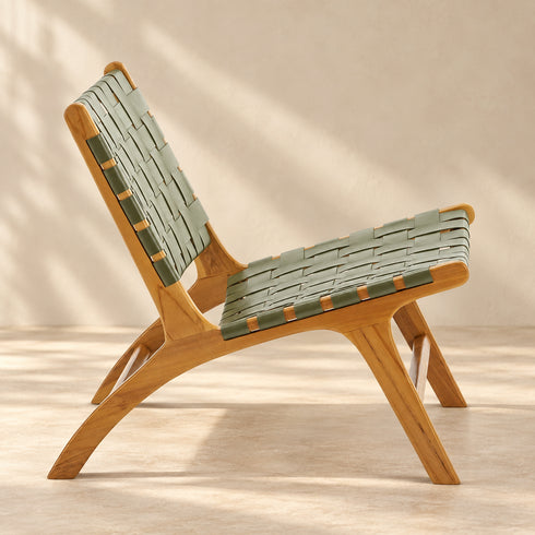 Handcrafted Olive Green Leather Woven Teak Wood Lounge Chair – Mid-Century Boho Accent Seating
