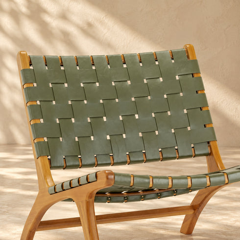 Handcrafted Olive Green Leather Woven Teak Wood Lounge Chair – Mid-Century Boho Accent Seating