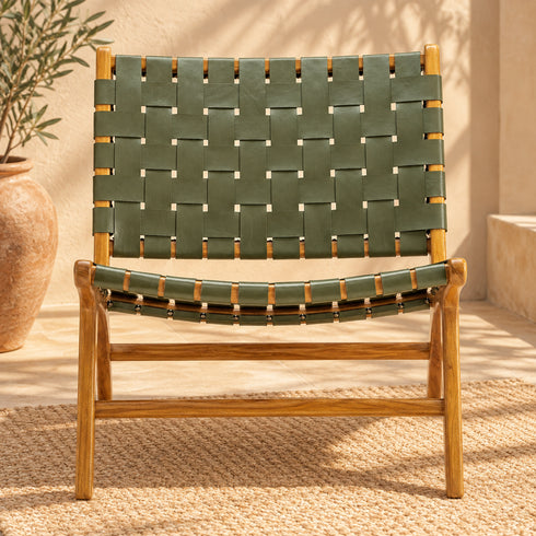 Handcrafted Olive Green Leather Woven Teak Wood Lounge Chair – Mid-Century Boho Accent Seating