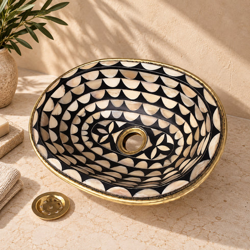 Handcrafted Oval Brass Vessel Sink with Black & Mother-of-Pearl Mosaic Interior