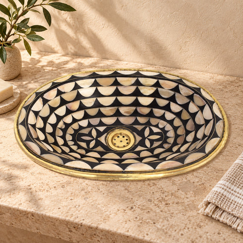 Handcrafted Oval Brass Vessel Sink with Black & Mother-of-Pearl Mosaic Interior