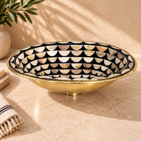Handcrafted Oval Brass Vessel Sink with Black & Mother-of-Pearl Mosaic Interior