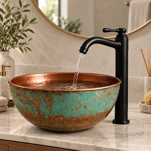 Handcrafted Patina Copper Vessel Sink with Matte Black Faucet