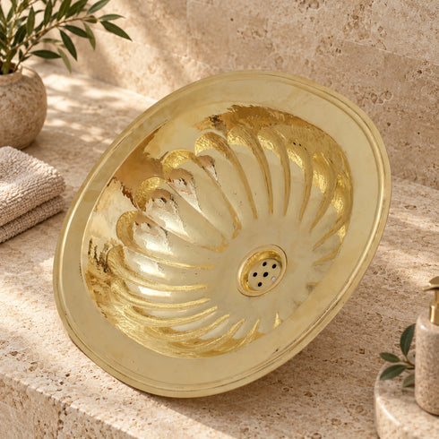 Handcrafted Petal-Embossed Solid Brass Oval Sink with Drain