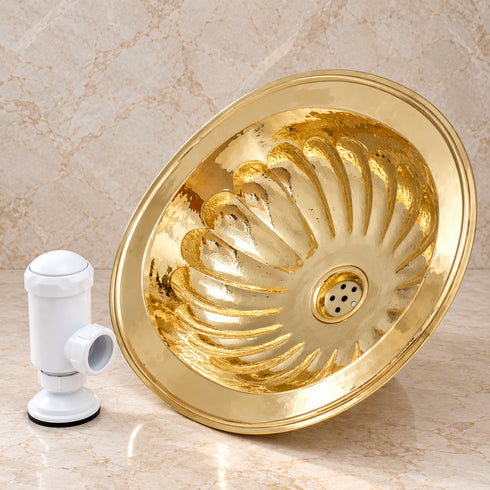 Handcrafted Petal-Embossed Solid Brass Oval Sink with Drain