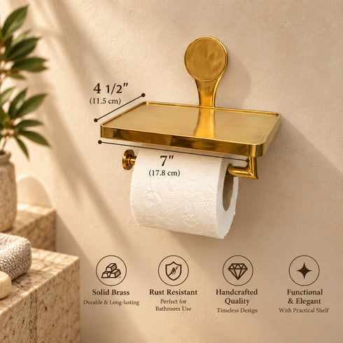 Handcrafted Solid Brass Toilet Paper Holder with Shelf