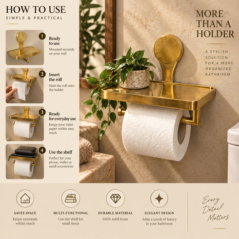 Handcrafted Solid Brass Toilet Paper Holder with Shelf