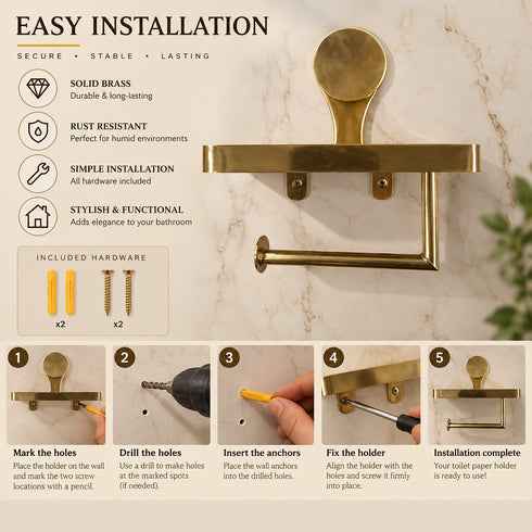 Handcrafted Solid Brass Toilet Paper Holder with Shelf