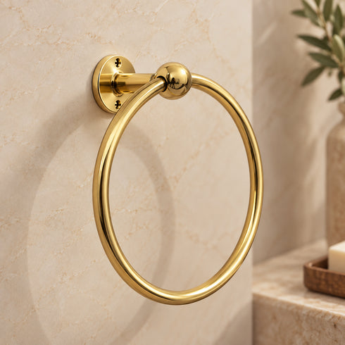 Handcrafted Solid Brass Towel Ring – Wall-Mounted Round Bathroom Hand Towel Holder with Polished Golden Finish