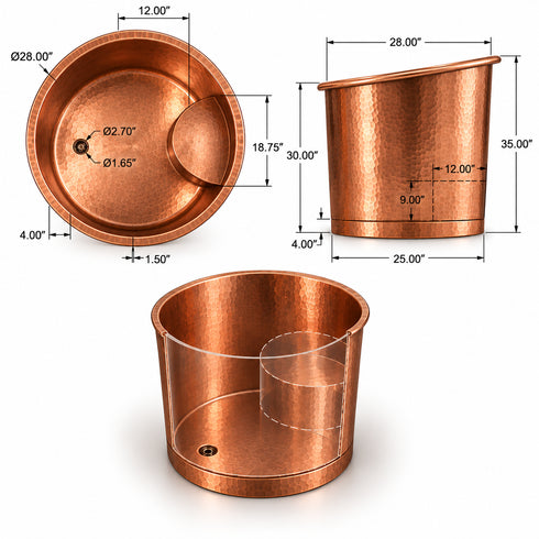 Handcrafted Solid Copper Cold Plunge Bathtub with Built-In Seat