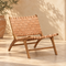 Handcrafted Tan Leather Woven Wood Lounge Chair – Mid-Century Modern Boho Accent Chair