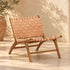 Handcrafted Tan Leather Woven Wood Lounge Chair – Mid-Century Modern Boho Accent Chair