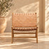Handcrafted Tan Leather Woven Wood Lounge Chair – Mid-Century Modern Boho Accent Chair