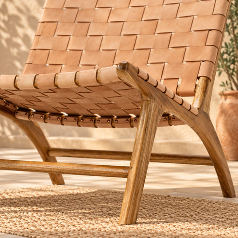 Handcrafted Tan Leather Woven Wood Lounge Chair – Mid-Century Modern Boho Accent Chair