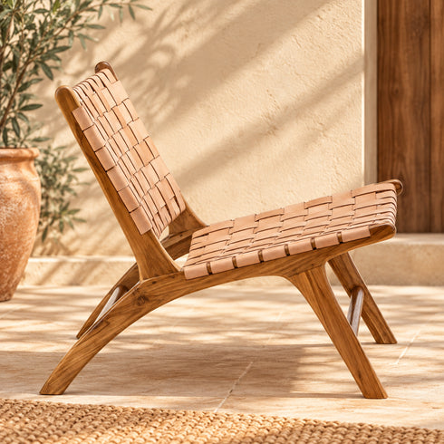 Handcrafted Tan Leather Woven Wood Lounge Chair – Mid-Century Modern Boho Accent Chair