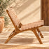 Handcrafted Tan Leather Woven Wood Lounge Chair – Mid-Century Modern Boho Accent Chair