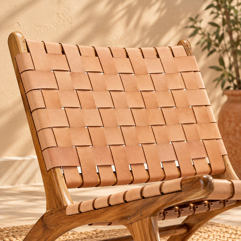 Handcrafted Tan Leather Woven Wood Lounge Chair – Mid-Century Modern Boho Accent Chair
