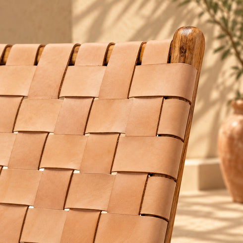 Handcrafted Tan Leather Woven Wood Lounge Chair – Mid-Century Modern Boho Accent Chair