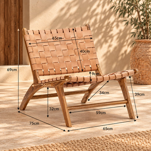 Handcrafted Tan Leather Woven Wood Lounge Chair – Mid-Century Modern Boho Accent Chair