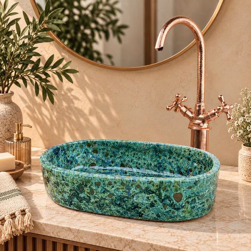 Handcrafted Turquoise Stone Vessel Sink with Hammered Copper Faucet