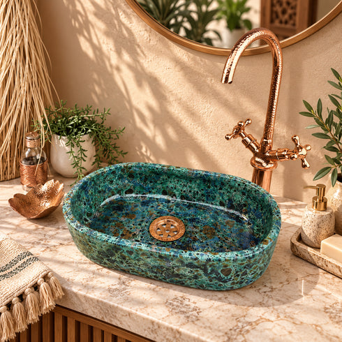 Handcrafted Turquoise Stone Vessel Sink with Hammered Copper Faucet