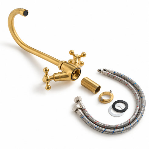 Handcrafted Unlacquered Brass Gooseneck Faucet with Cross Handles