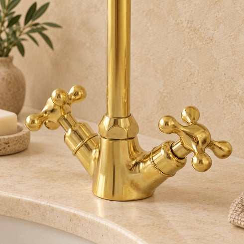 Handcrafted Unlacquered Brass Gooseneck Faucet with Cross Handles