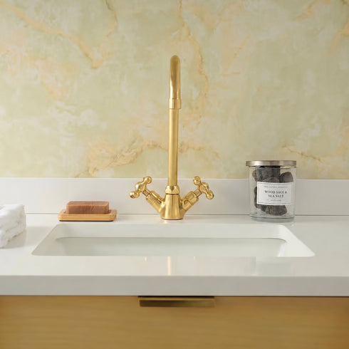 Handcrafted Unlacquered Brass Gooseneck Faucet with Cross Handles