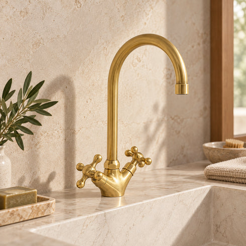 Handcrafted Unlacquered Brass Gooseneck Faucet with Cross Handles