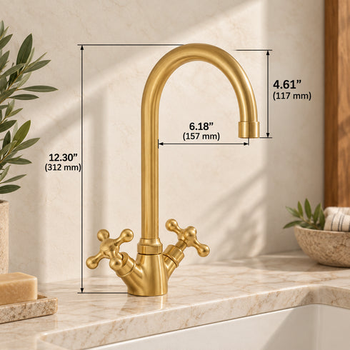 Handcrafted Unlacquered Brass Gooseneck Faucet with Cross Handles