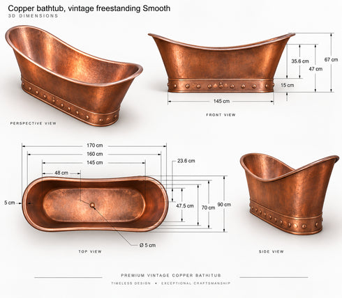 Handcrafted Vintage Freestanding Copper Bathtub with Smooth Finish