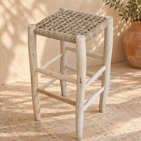 Handcrafted Whitewashed Wooden Bar Stool with Woven Seagrass Seat – Rustic Mediterranean Counter Stool