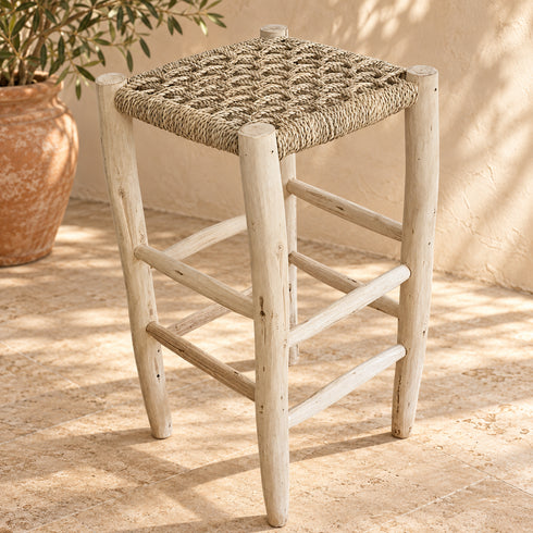 Handcrafted Whitewashed Wooden Bar Stool with Woven Seagrass Seat – Rustic Mediterranean Counter Stool