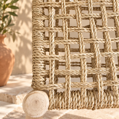 Handcrafted Whitewashed Wooden Bar Stool with Woven Seagrass Seat – Rustic Mediterranean Counter Stool