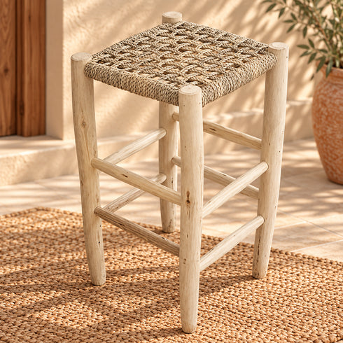Handcrafted Whitewashed Wooden Bar Stool with Woven Seagrass Seat – Rustic Mediterranean Counter Stool