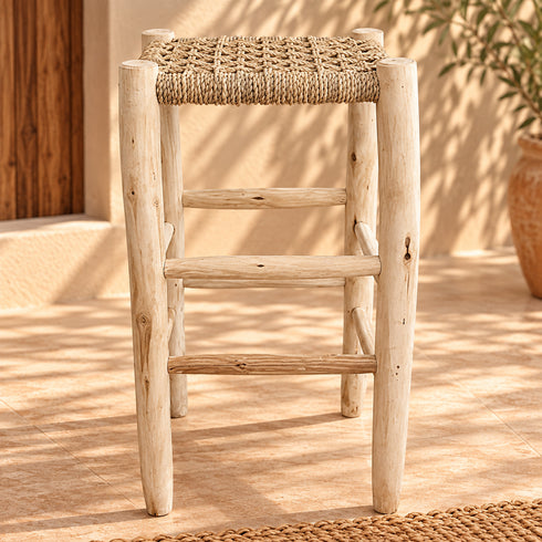 Handcrafted Whitewashed Wooden Bar Stool with Woven Seagrass Seat – Rustic Mediterranean Counter Stool