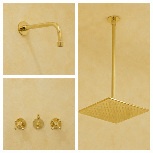 Handcrafted Brass Ceiling & Wall Shower System with Rainfall Showerhead and 3-Valve Mixer