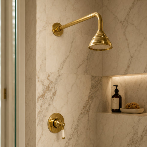 Handcrafted moroccan Brass Rain Shower Head with Wall-Mounted Arm