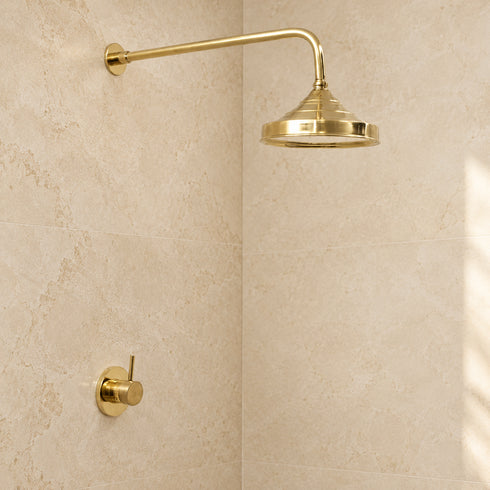 Handcrafted Brass Rain Shower System – Round Shower Head with Curved Wall Arm