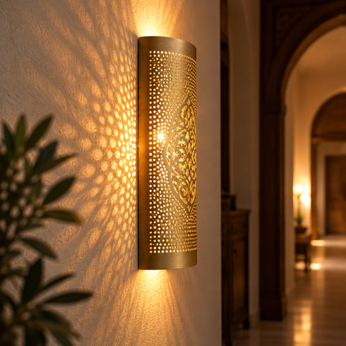 Handmade Moroccan Brass Wall Sconce, Pierced Brass Wall Lamp, Boho Light Fixture, Moroccan Lighting, Bedroom Hallway Decor